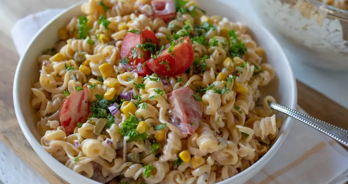 Pyszna sałatka z makaronem fusilli, kukurydzą, pomidorami i natką pietruszki, polana kremowym sosem. Idealna na letnie dni.