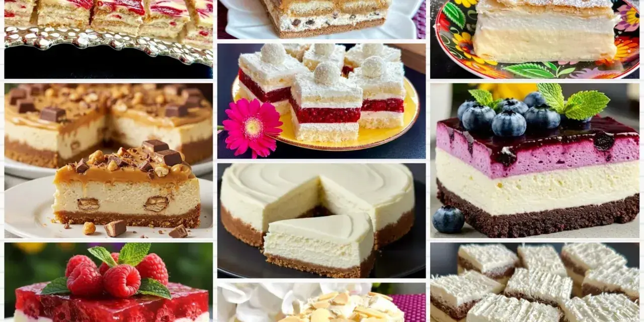 Kolaż prezentuje 10 najlepszych ciast: sernik z malinami, tiramisu, kremówka, ciasto snickers, sernik z jagodami, sernik klasyczny, ciasto z galaretką i malinami, ciasto cytrynowe, ciasto czekoladowe z kremem.