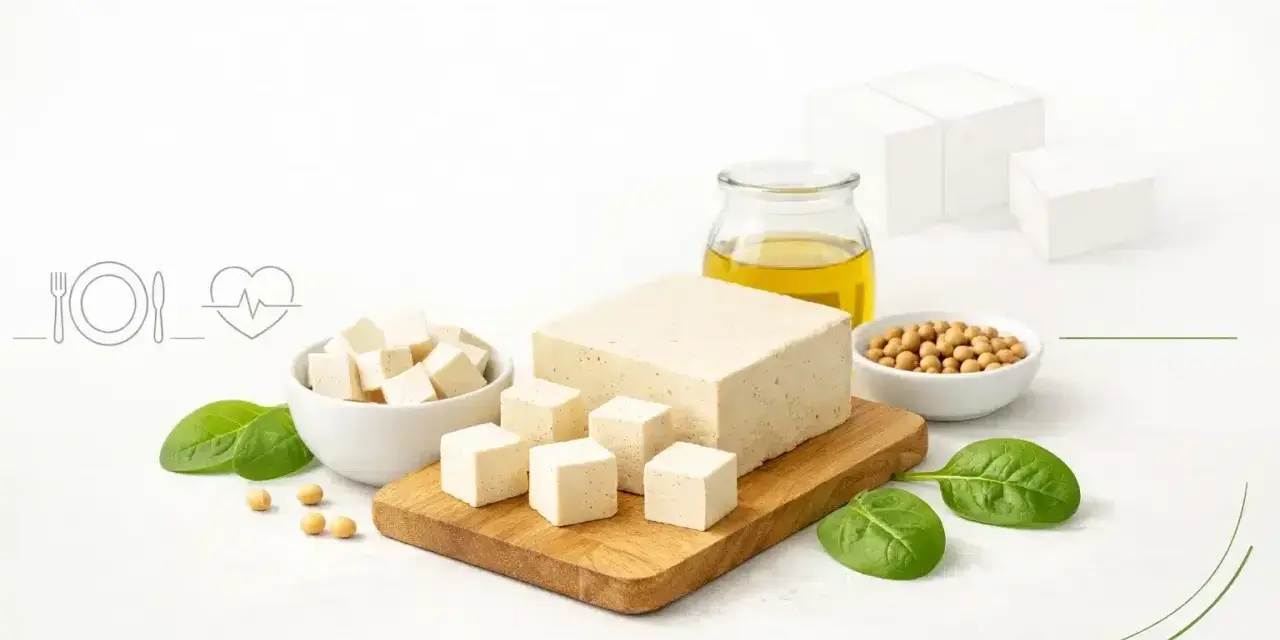 Czy tofu jest zdrowe? Na zdjęciu kostki tofu, soja, olej i szpinak, sugerujące zdrową dietę.