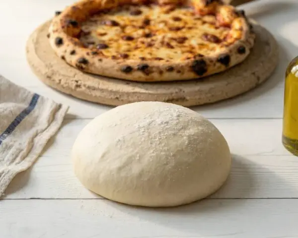 Świeże ciasto na pizzę, gotowe do pieczenia, obok butelki oliwy i upieczonej pizzy.