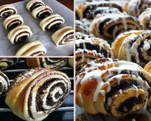 Pyszne, domowe drożdżówki z makiem, niektóre polane lukrem, czekają na spróbowanie.