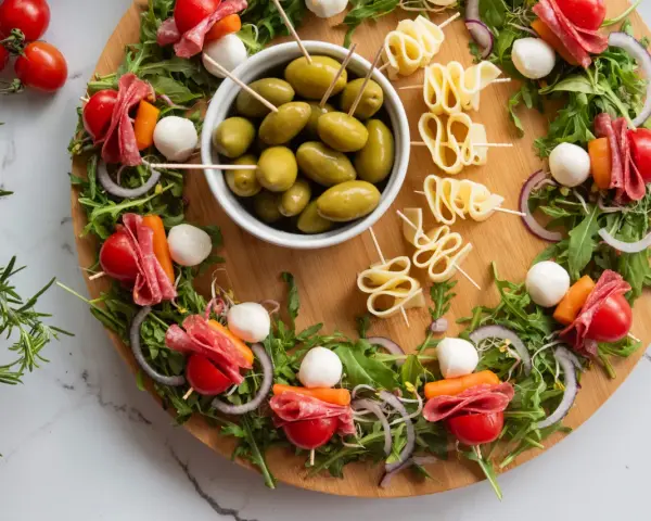 Kolorowa deska z przekąskami: szaszłyki z pomidorkami, mozzarellą, salami i marchewką, oliwki, ser. Idealne finger food przepisy na imprezę.
