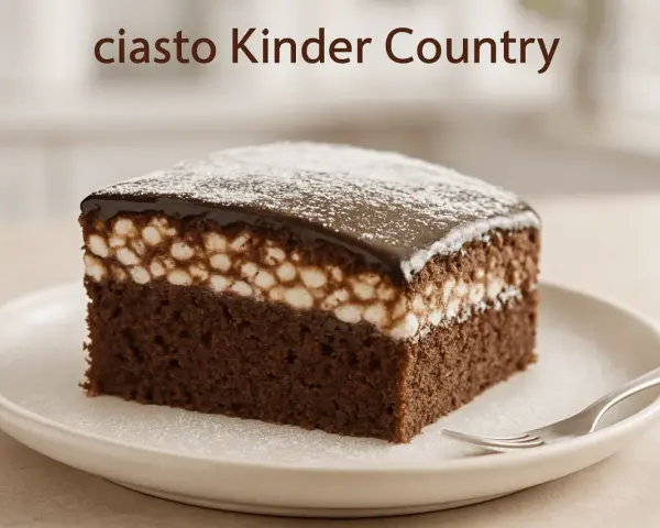 Pyszne ciasto Kinder Country z czekoladowym biszkoptem, kremem i polewą. Idealne na deser!