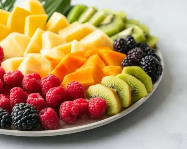 Kolorowa taca z owocami: maliny, jeżyny, kiwi, mango i papaja. Idealny sposób, jak podać owoce na imprezie, zachwycając gości!
