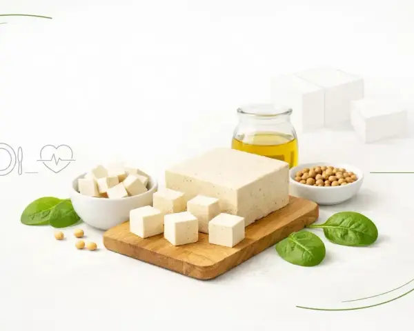 Czy tofu jest zdrowe? Na zdjęciu kostki tofu, soja, olej i szpinak, sugerujące zdrową dietę.