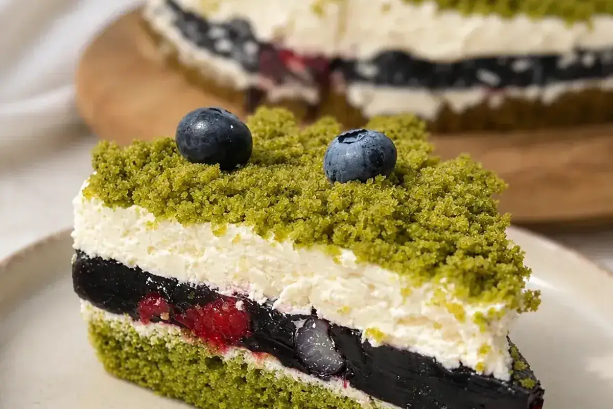 Pyszne ciasto leśny mech na dużą blachę z serkiem mascarpone, przełożone galaretką i owocami, ozdobione borówkami.