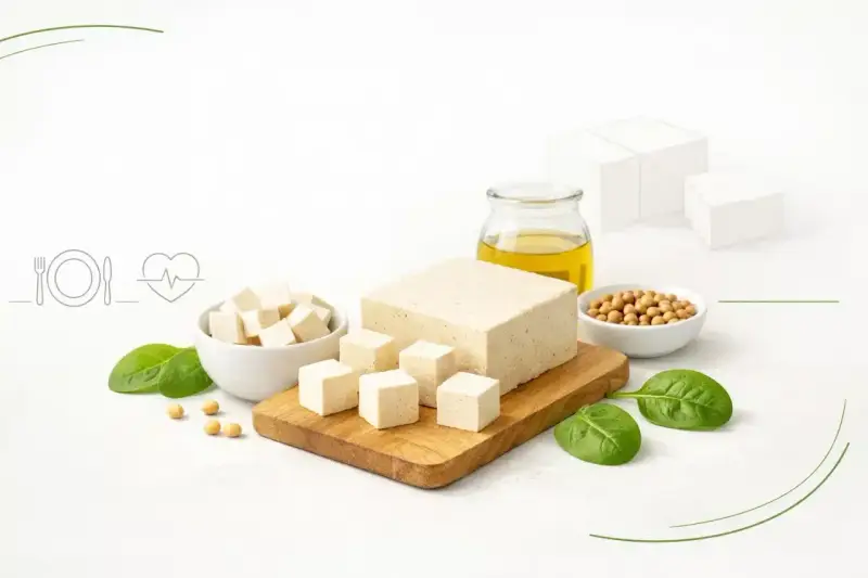 Czy tofu jest zdrowe? Na zdjęciu kostki tofu, soja, olej i szpinak, sugerujące zdrową dietę.